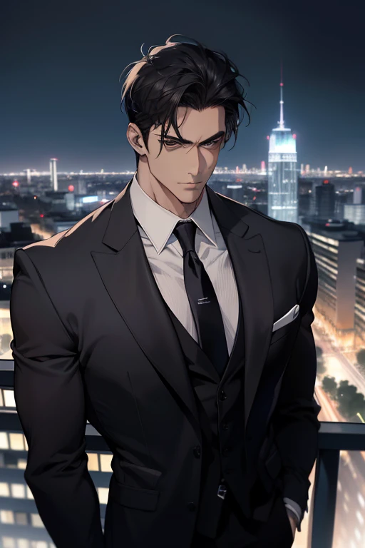 (absurdres, highres, ultra detailed, realistic, ), 1 male, solo, , mature, tall muscular guy, broad shoulders, handsome, very short hair, black hair, brown eyes, angular jaw, thick neck, thick eyebrows, night, dark, the night view of the city background, formal suit, necktie, upper body