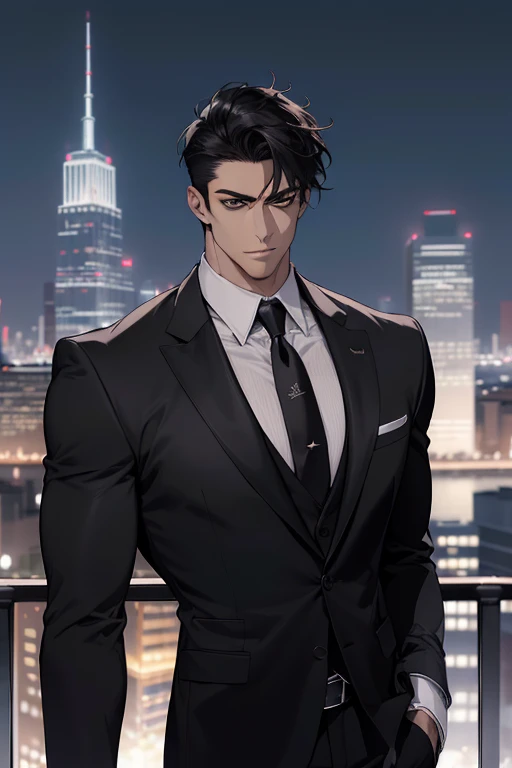 (absurdres, highres, ultra detailed, realistic, ), 1 male, solo, , mature, tall muscular guy, broad shoulders, handsome, very short hair, black hair, brown eyes, angular jaw, thick neck, thick eyebrows, night, dark, the night view of the city background, formal suit, necktie, upper body