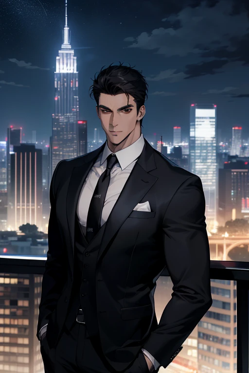 (absurdres, highres, ultra detailed, realistic, ), 1 male, solo, , mature, tall muscular guy, broad shoulders, handsome, very short hair, black hair, brown eyes, angular jaw, thick neck, thick eyebrows, night, dark, the night view of the city background, formal suit, necktie, upper body