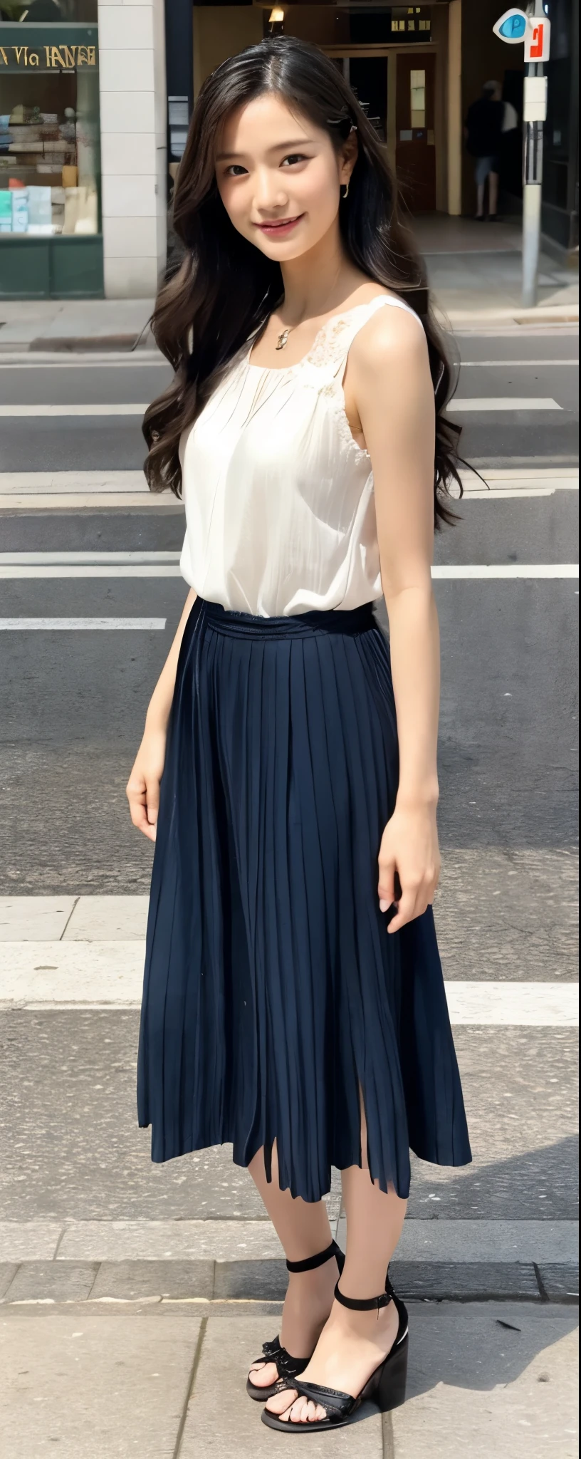 masuterpiece, Best Quality, Illustration, Ultra-detailed, finely detail, hight resolution, 8K Perfect dynamic composition, from front, full body, Beautiful detailed eyes, Medium wavy Hair, wearing unadorned sleeveless blouse:1.2, long skirt, sandals, make up:1.1, Random poses,Smile, Omotesando Street Walk, 28 years girl