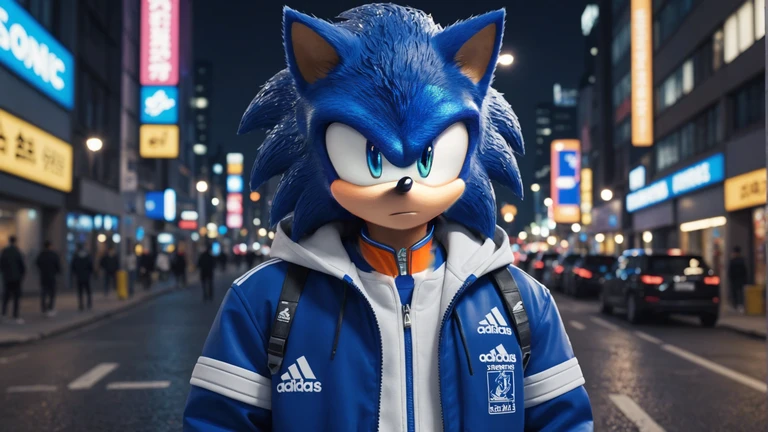 soonic the hedgehog, serious looking, wearing black and orange addidas jacket and blue t-shirt, in the city, at night, anime style, comic book style, digital art, dynamic lights, 8k