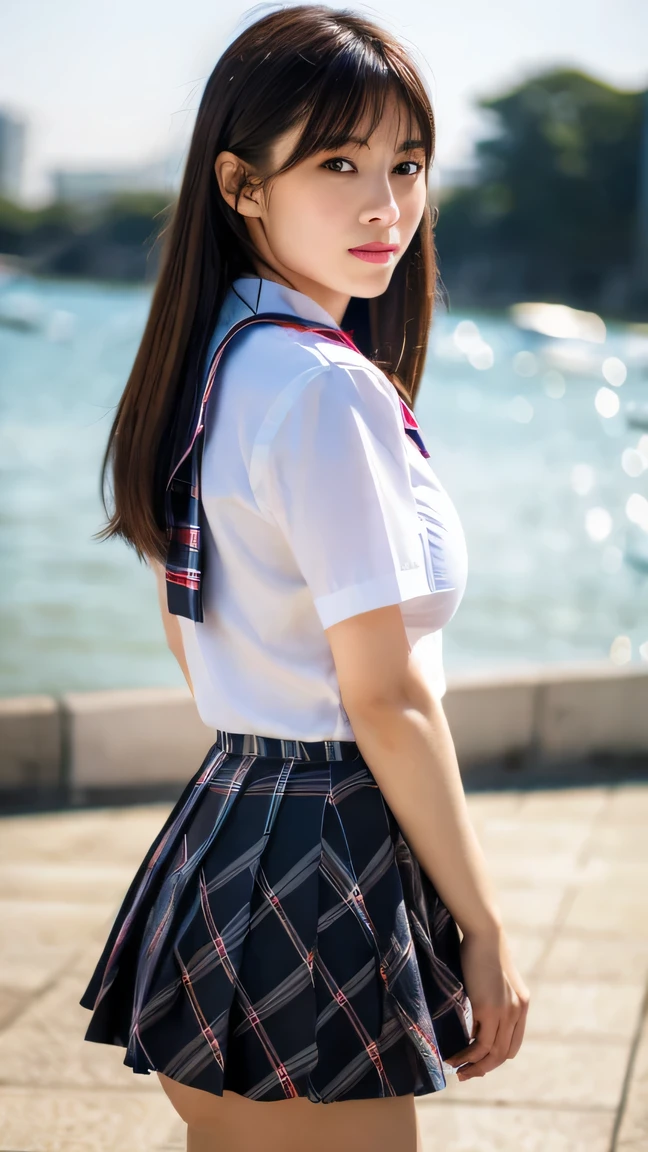 8K raw photo, Best quality, masterpiece, ultra high res, 3d, realistic, 1girl, asian, serious face, black_hair, black_sailor_collar, long_hair, nose, school_uniform, neckerchief, natural skin texture, light brown_eye, detailed eyes and face, lips, lipstick, beautiful legs, enormous breasts, beautiful seaside location, (detailed background), plaid skirt, white shirt, small breast, blurry background, short sleeves, cute smile, serafuku, arms at sides,