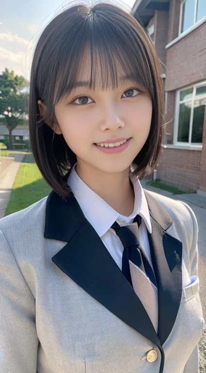(highest quality,8K quality,masterpiece:1.3),(Ultra-high resolution,Realistic:1.4,RAW Photos),(Very detailed,Caustics,Detailed Background),(Ultra-Realistic Capture,Fine and beautiful skin,Perfect Anatomy),At dusk,Sunset sky,School building,Schoolyard,18-year-old,cute,single eyelid,Black short bob,School blazer uniform,Looking into the camera,Laughter,Bust up shot,Natural soft light、