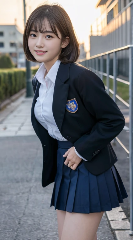 (highest quality,8K quality,masterpiece:1.3),(Ultra-high resolution,Realistic:1.4,RAW Photos),(Very detailed,Caustics,Detailed Background),(Ultra-Realistic Capture,Fine and beautiful skin,Perfect Anatomy),At dusk,Sunset sky,School building,Schoolyard,18-year-old,cute,single eyelid,Black short bob,School blazer uniform,Looking into the camera,Laughter,Bust up shot,Natural soft light、Big Breasts