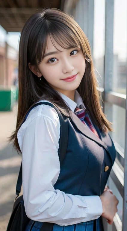 (highest quality,8K quality,masterpiece:1.3),(Ultra-high resolution,Realistic:1.4,RAW Photos),(Very detailed,Caustics,Detailed Background),(Ultra-Realistic Capture,Fine and beautiful skin,Perfect Anatomy),At dusk,Sunset sky,School building,Schoolyard,18-year-old,cute,single eyelid,Black short bob,School blazer uniform,Looking into the camera,Laughter,Bust up shot,Natural soft light、Big Breasts