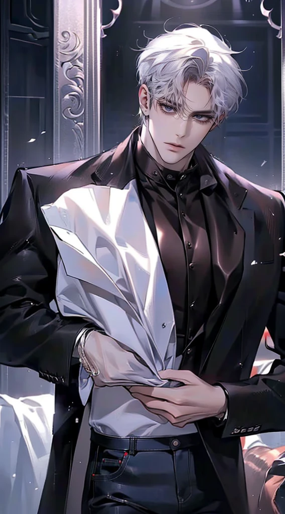 (4K works))、masterpiece、(top-quality)、((In front of the department store))、Korean Male、Adult male、((Adult 50 years old))、((Adult uncle type))、((Leather Jeans Style))、((Face similar to Hyunjin))、Cool Men、tall、((Gentle face))、((Cool werewolf fashion in black))、((Long sleeve long trouser style))、((Smaller face))、Slim body、((Uncle))、((white hair))、((white short-haired))、((Red Eyes))、((shot from front))、((Shot alone))、((Solo Photography))、Professional Photos、((Reach out to your audience))、((He walks in front of the viewer))、((dad bod))、