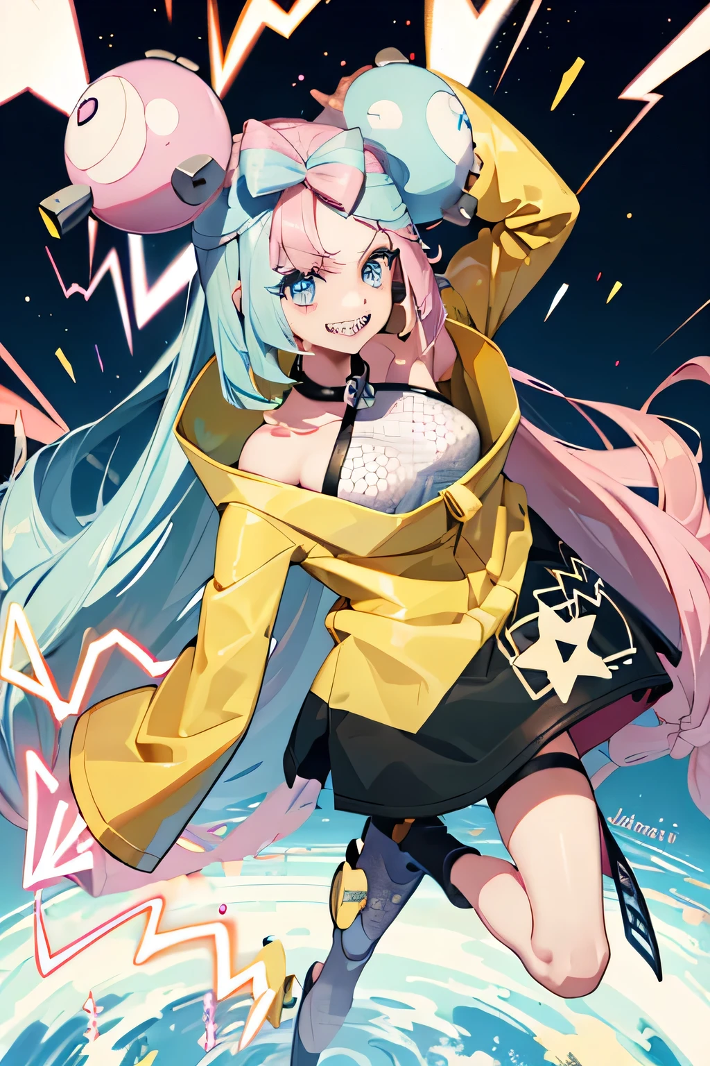 Highest quality、masterpiece、Anime Style、Pink hair and blue eyes、Yellow Jacket、Raise your right hand、Lower your left hand、Stand with only your right foot、Lift your left leg。Sharp teeth、Grin