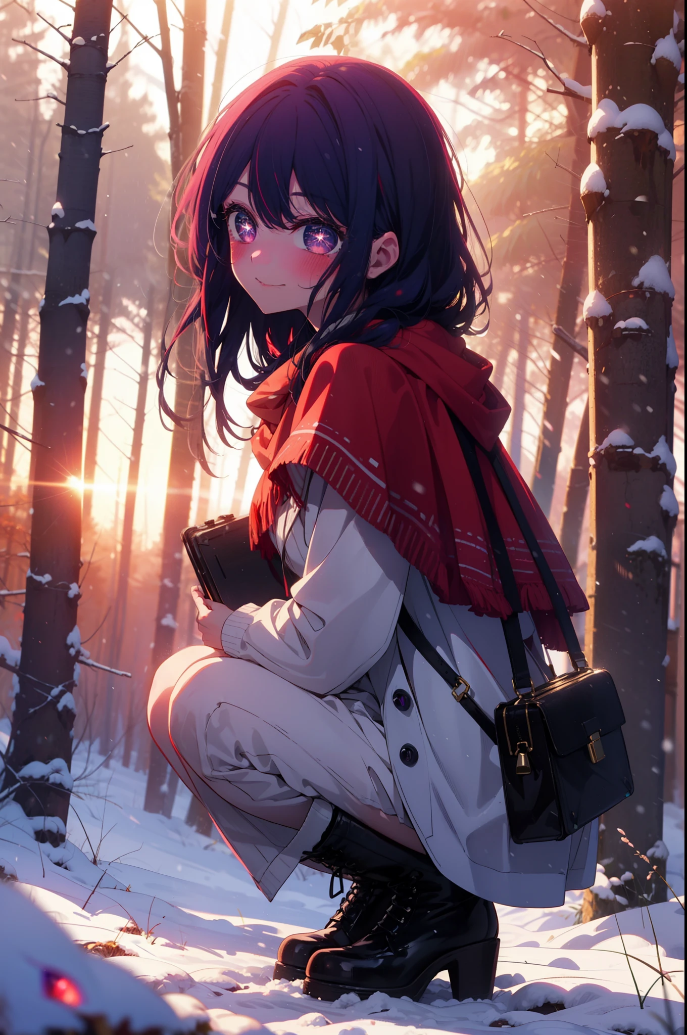 aihoshino, Ai Hoshino, Long Hair, bangs, (Purple eyes:1.1), Purple Hair, (Symbol-shaped pupil:1.5), smile,,smile,blush,White Breath,
Open your mouth,snow,Ground bonfire, Outdoor, boots, snowing, From the side, wood, suitcase, Cape, Blurred, , forest, White handbag, nature,  Squat, Mouth closed, Cape, winter, Written boundary depth, Black shoes, red Cape break looking at viewer, Upper Body, whole body, break Outdoor, forest, nature, break (masterpiece:1.2), highest quality, High resolution, unity 8k wallpaper, (shape:0.8), (Beautiful and beautiful eyes:1.6), Highly detailed face, Perfect lighting, Extremely detailed CG, (Perfect hands, Perfect Anatomy),