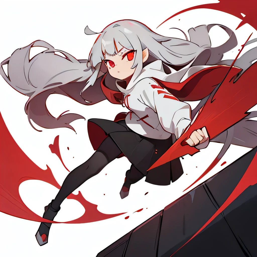 (Silver long hair,bangs,Crisp red eye),(Oversized off-white hoodie,Black long skirt,Grey tights),Float 4 daggers,Point your right index finger forward,Red flash,Low - Angle