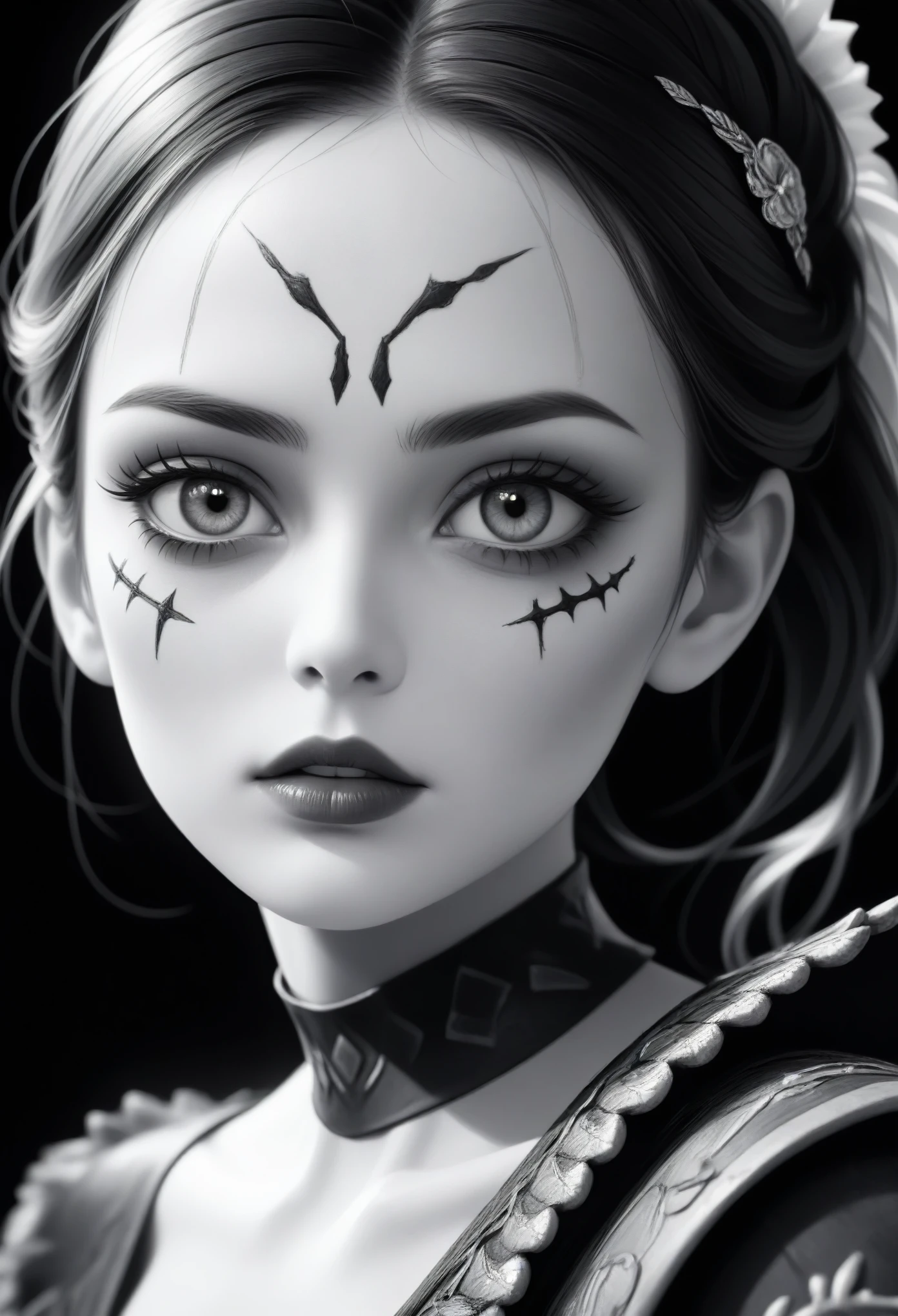 (best quality,highres,ultra-detailed,realistic:1.37),black and white war paint,detailed face,beautiful detailed eyes,beautiful detailed lips,longeyelashes,expressive facial features,smooth skin texture,defined cheekbones,natural eyebrows,subtle wrinkle texture,soft lighting,high contrast,black and white photography style,classic portrait