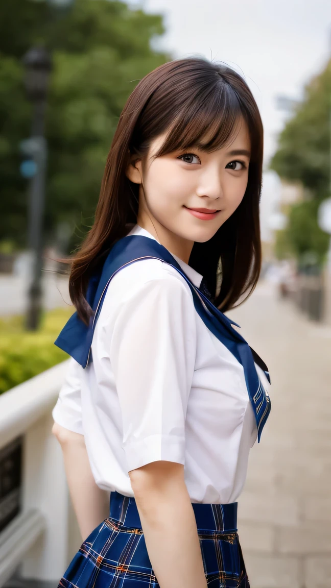 8K raw photo, Best quality, masterpiece, ultra high res, 3d, realistic, 1girl, asian, serious face, black_hair, black_sailor_collar, long_hair, nose, school_uniform, neckerchief, natural skin texture, light brown_eye, detailed eyes and face, lips, lipstick, beautiful legs, cute breasts, beautiful seaside location, (detailed background), plaid skirt, white shirt, small breast, blurry background, short sleeves, cute smile, serafuku, arms at sides,