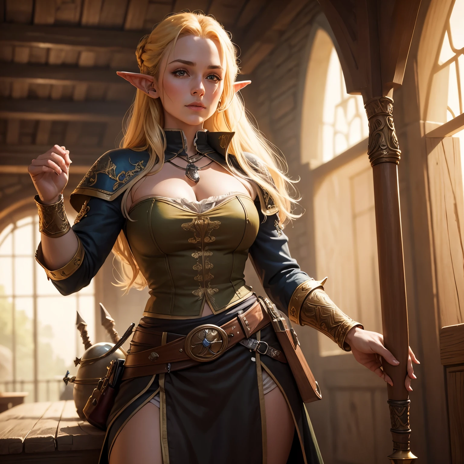 (skindentation:1.5), realistic, photorealistic, (masterpiece:1.5), concept art, intricate details, highly detailed, octane render, 8k, unreal engine, dynamic pose, best quality, highres, ((dramatic)), epic, depth of field, 8k, particles, (realistic face:1.1, hyperrealistic:1.1), ((1girl, close-up, medium breasts, perfect eyes, detailed eyes, high quality eyes, perfect_face, high quality face, shiny skin:1.2, shiny face:1.2, embarrassed, blush:0.8, green eyes)), server, rustic tavern interior in background, pitcher, sign, jovial fantasy atmosphere, detailed background, blurry wooden bar table as foreground, (((elf, pointy ears, blonde hair, perfect hands))), ((archer, archery, extremely intricate cloak, leather armor, leather belt, boots, padded cloth, gloves, bracers, bow, quiver))