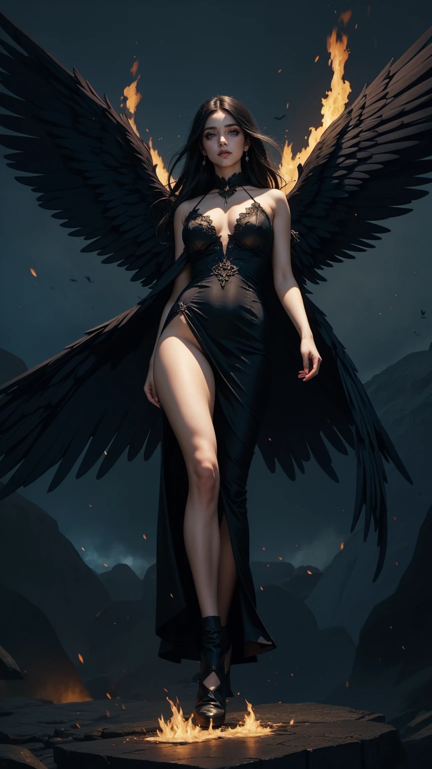 A woman in a long (suggestive dress) of a gothic style, body with pale skin, hair lifted by the wind, straight long black hair, two pairs of black wings, spread black wings, (burning wings:1.2), thick thighs, full body, turned legs, (full sky of background:1.2), (flame), particles of fire:1.2, deep blue tones, soft lighting, (masterpiece, best quality:1.2)