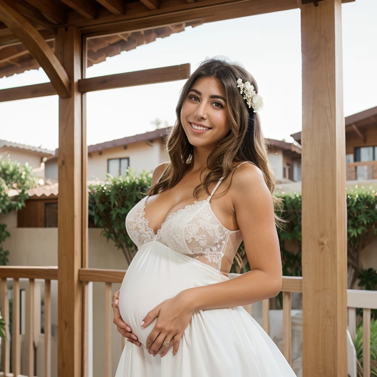 Daniella Monet in sexy wedding dress and pregnant smiling