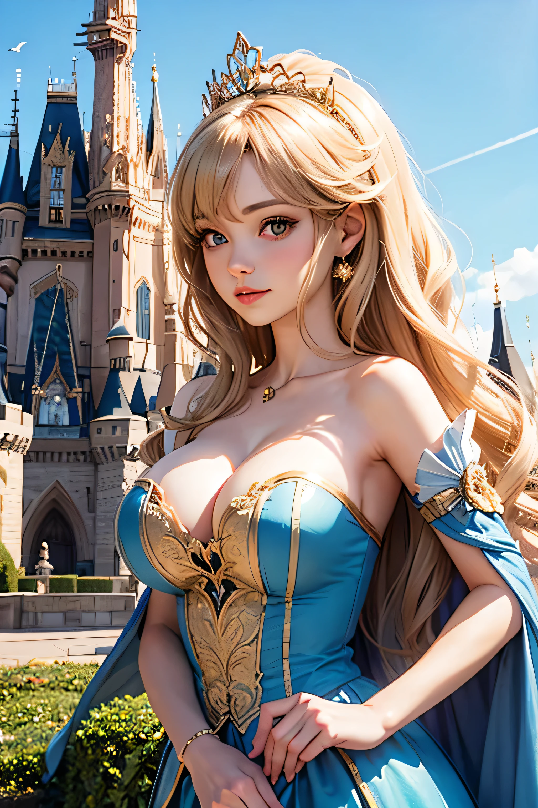 Cinderella, castle Background , big breast , deep cleavage, 4k full Hd Detailed image , golden hair , bundle hair style , princess crown ,