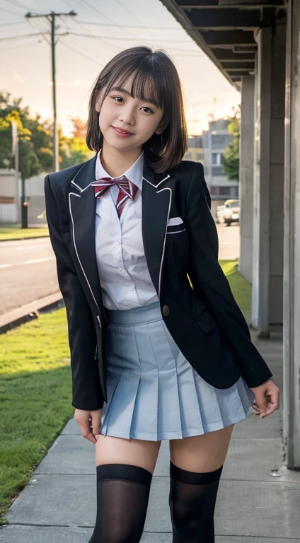 (highest quality,8K quality,masterpiece:1.3),(Ultra-high resolution,Realistic:1.4,RAW Photos),(Very detailed,Caustics,Detailed Background),(Ultra-Realistic Capture,Fine and beautiful skin,Perfect Anatomy),At dusk,Sunset sky,School building,Schoolyard,18-year-old,cute,single eyelid,Black short bob,School blazer uniform,Looking into the camera,Laughter,Bust up shot,Natural soft light、Big Tits、sexy、Knee-high