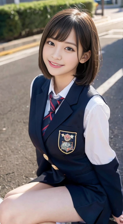(highest quality,8K quality,masterpiece:1.3),(Ultra-high resolution,Realistic:1.4,RAW Photos),(Very detailed,Caustics,Detailed Background),(Ultra-Realistic Capture,Fine and beautiful skin,Perfect Anatomy),At dusk,Sunset sky,School building,Schoolyard,18-year-old,cute,single eyelid,Black short bob,School blazer uniform,Looking into the camera,Laughter,Bust up shot,Natural soft light、Big Tits、sexy、Knee-high