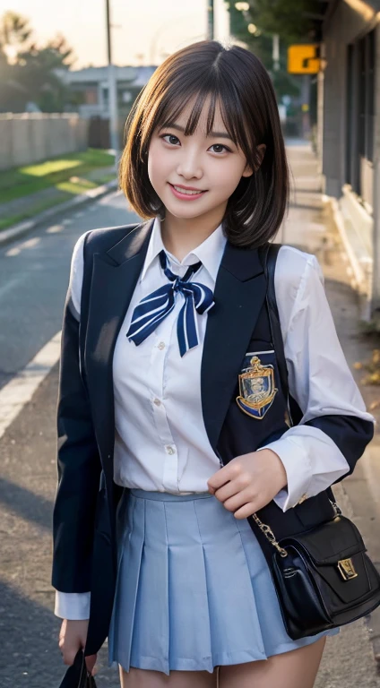 (highest quality,8K quality,masterpiece:1.3),(Ultra-high resolution,Realistic:1.4,RAW Photos),(Very detailed,Caustics,Detailed Background),(Ultra-Realistic Capture,Fine and beautiful skin,Perfect Anatomy),At dusk,Sunset sky,School building,Schoolyard,18-year-old,cute,single eyelid,Black short bob,School blazer uniform,Looking into the camera,Laughter,Bust up shot,Natural soft light、Big Tits、sexy、Knee-high