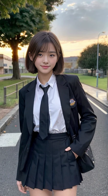 (highest quality,8K quality,masterpiece:1.3),(Ultra-high resolution,Realistic:1.4,RAW Photos),(Very detailed,Caustics,Detailed Background),(Ultra-Realistic Capture,Fine and beautiful skin,Perfect Anatomy),At dusk,Sunset sky,School building,Schoolyard,18-year-old,cute,single eyelid,Black short bob,School blazer uniform,Looking into the camera,Laughter,Bust up shot,Natural soft light、Big Tits、sexy、Knee-high