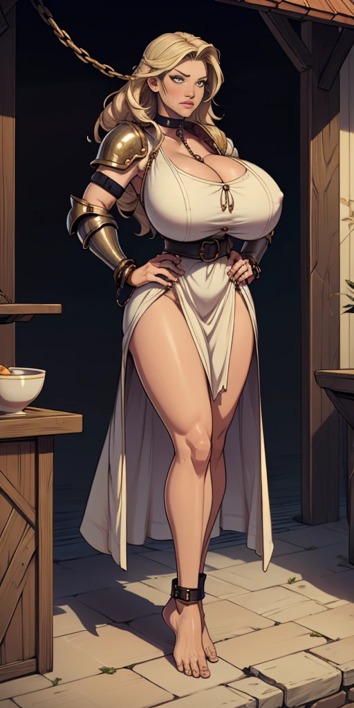 full body, barefoot, solo, female, big breast ,linen tunic, fantasy village, armor, handcuffs on their hands with a collar around the neck, hands on hips, slave ((black choker, shackles on legs and arms))