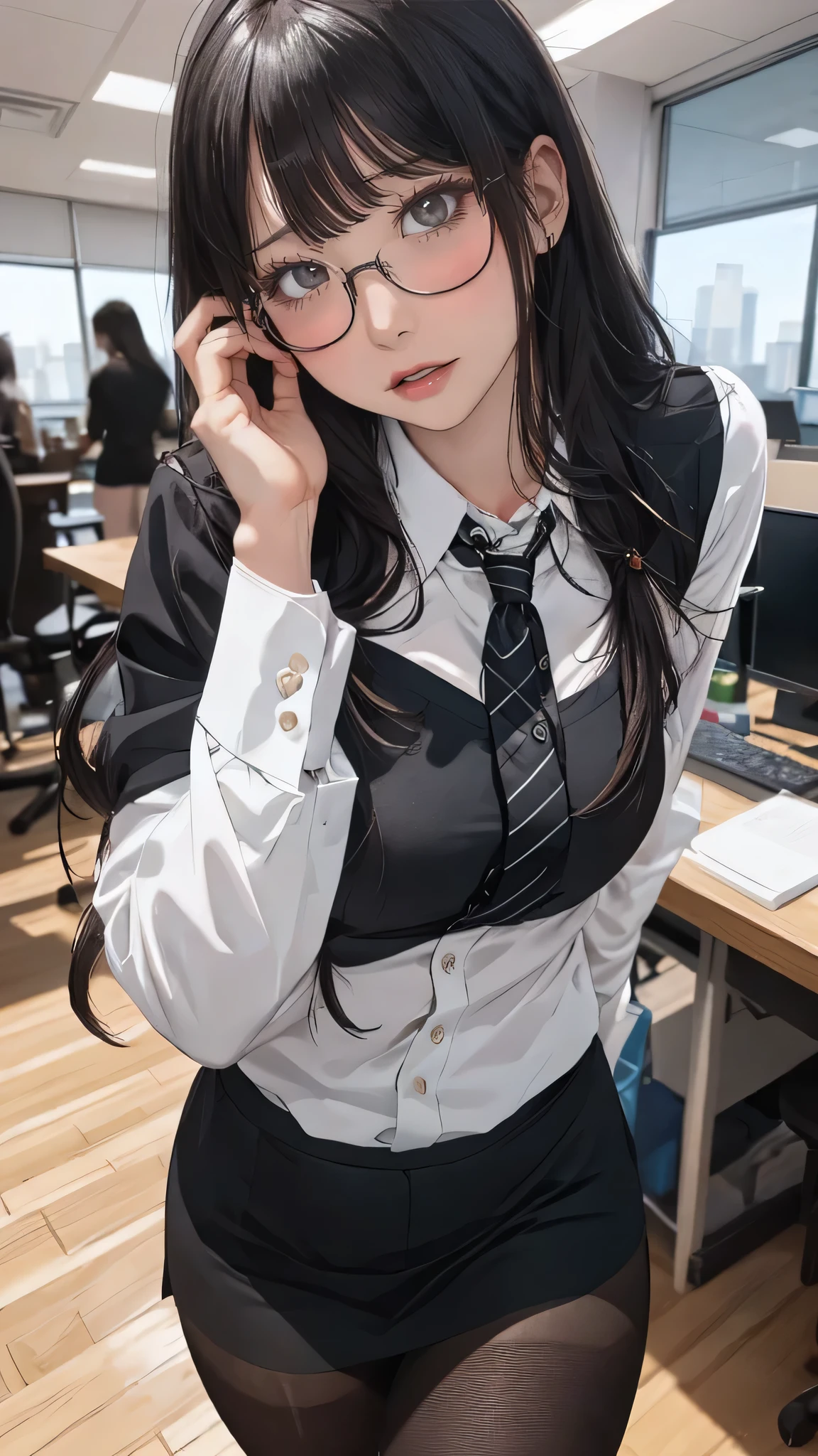 1woman,random office lady fashion,(Thin type),(large breasts),(random sexy pose),(random hairstyle),(Highest image quality,(8K), Ultra-realistic, Best Quality, High quality, High Definition, high quality texture, high detailing, Beautiful detailed, fine detailed, extremely details CG, Detailed texture, realistic representation of face, masterpiece, presence),(wearing glasses:1.2),black pantyhose