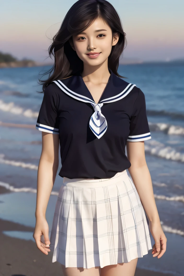 8K raw photo, Best quality, masterpiece, ultra high res, 3d, realistic, 1girl, asian, serious face, black_hair, black_sailor_collar, long_hair, nose, school_uniform, neckerchief, natural skin texture, light brown_eye, detailed eyes and face, lips, lipstick, beautiful legs, cute breasts, beautiful seaside location, (detailed background), plaid skirt, white shirt, small breast, blurry background, short sleeves, cute smile, serafuku, arms at sides,