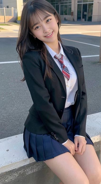 (highest quality,8K quality,masterpiece:1.3),(Ultra-high resolution,Realistic:1.4,RAW Photos),(Very detailed,Caustics,Detailed Background),(Ultra-Realistic Capture,Fine and beautiful skin,Perfect Anatomy),At dusk,Sunset sky,School building,Schoolyard,18-year-old,cute,single eyelid,Black short bob,School blazer uniform,Looking into the camera,Laughter,Bust up shot,Natural soft light、、sexy、Kneigh