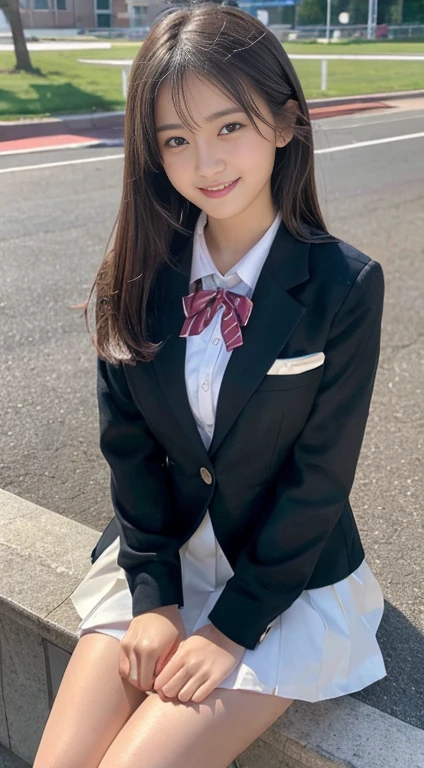 (highest quality,8K quality,masterpiece:1.3),(Ultra-high resolution,Realistic:1.4,RAW Photos),(Very detailed,Caustics,Detailed Background),(Ultra-Realistic Capture,Fine and beautiful skin,Perfect Anatomy),At dusk,Sunset sky,School building,Schoolyard,18-year-old,cute,single eyelid,Black short bob,School blazer uniform,Looking into the camera,Laughter,Bust up shot,Natural soft light、Big Tits、sexy、Knee-high