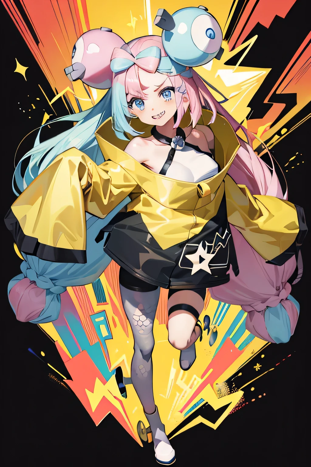 Highest quality、masterpiece、Anime Style、Pink hair and blue eyes、Yellow Jacket、Raise your right hand、Lower your left hand、Stand with only your right foot、Lift your left leg。Sharp teeth、smile