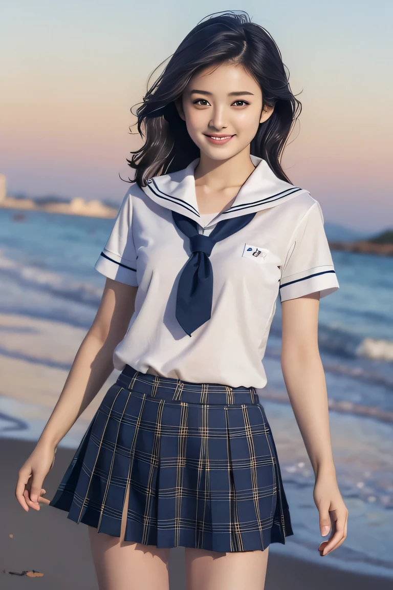 8K raw photo, Best quality, masterpiece, ultra high res, 3d, realistic, 1girl, asian, serious face, black_hair, black_sailor_collar, long_hair, nose, school_uniform, neckerchief, natural skin texture, light brown_eye, detailed eyes and face, lips, lipstick, beautiful legs, cute breasts, beautiful seaside location, (detailed background), plaid skirt, white shirt, small breast, blurry background, short sleeves, cute smile,  arms at sides,