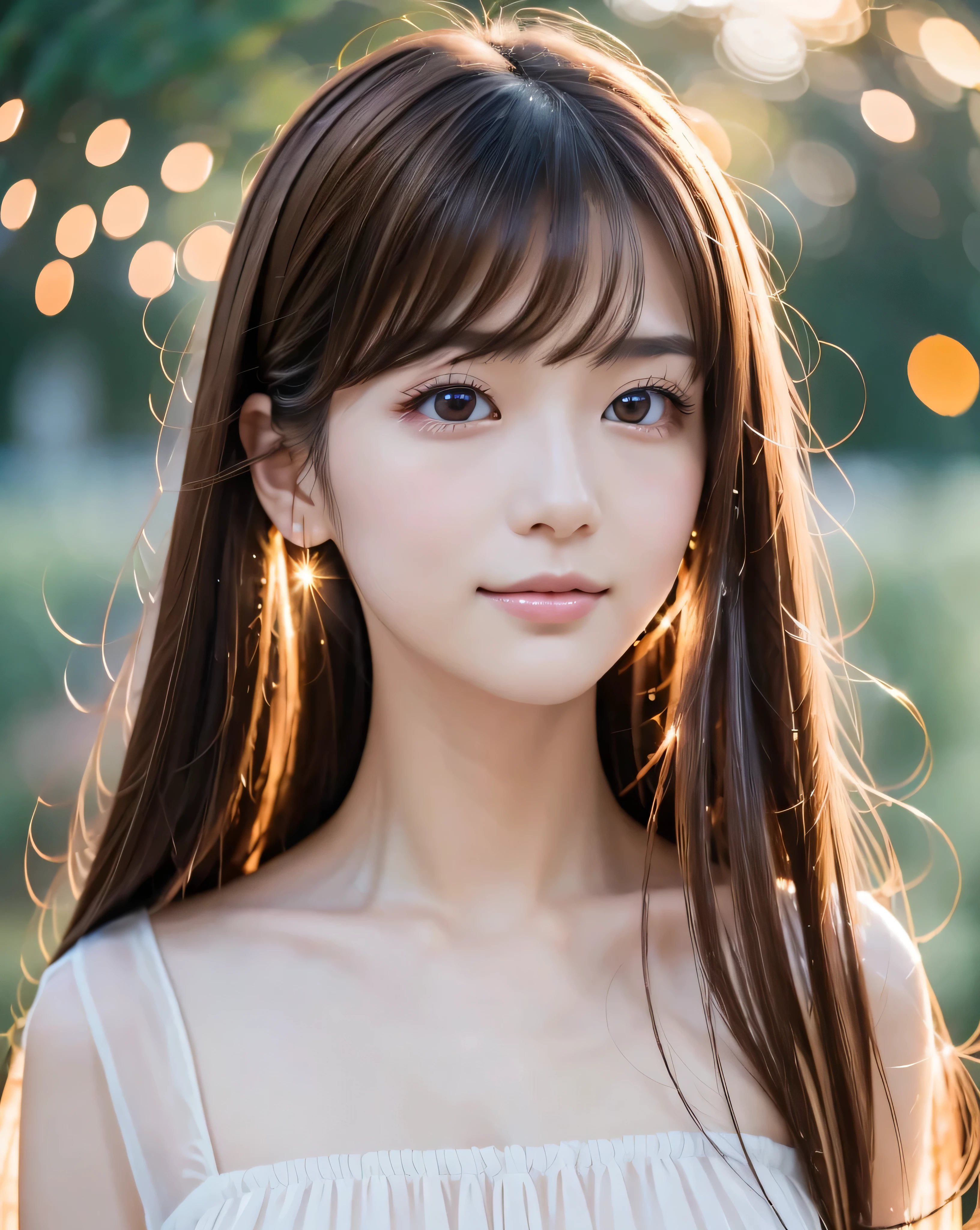 (highest quality, 32k, High resolution, Masterpiece:1.5, ), marimo_jet, A haunting fantasy in an abstract style, In a swirl of fantastic pastel colors and soft light, Evoking a sense of calm and elusive beauty, Very rich emotional expression, Have a rich imagination, Beautiful Japanese Girls, ((profile:1.3)), ((Look down)), An exceptionally beautiful profile, Small Face Beauty, Perfect Human Anatomy, Magical big eyes, Motherhood and generosity, Deep Love, fleeting smile, Shiny brown hair:1.1, Super Long Straight Silk Hair, Asymmetrical bangs, Hair between the eyes, Transparent, soft white skin, Sharp eyebrows, Thin lashes, Natural Makeup, Cheek highlighter, Pale pink detailed lips, , ((White dress)), High resolution perfect collarbone, High resolution beautiful bust, Slender body with ample breasts, High resolutionの美しい太もも, Soft sunlight, (Colorful sparkling lights:1.3), Professional Lighting, Professional photographer, Professional models,mysterious