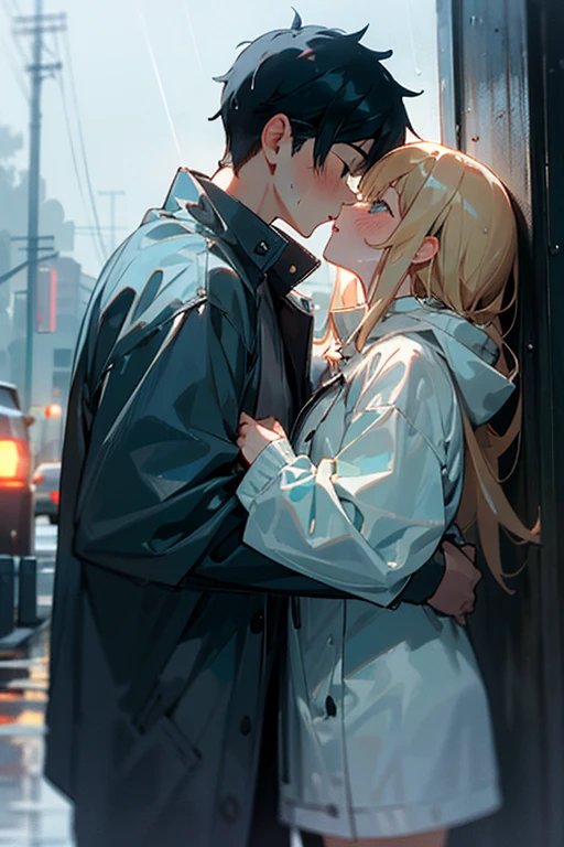 Young boy and girl, wearing raincoats (long sleeves), wearing , kissing in a thunderstorm, extremely wet from the rain 