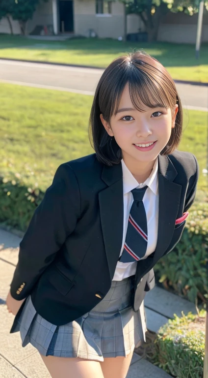 (highest quality,8K quality,masterpiece:1.3),(Ultra-high resolution,Realistic:1.4,RAW Photos),(Very detailed,Caustics,Detailed Background),(Ultra-Realistic Capture,Fine and beautiful skin,Perfect Anatomy),At dusk,Sunset sky,School building,Schoolyard,18-year-old,cute,single eyelid,Black short bob,School blazer uniform,Looking into the camera,Laughter,Bust up shot,Natural soft light、Big Breasts、Knee-high
