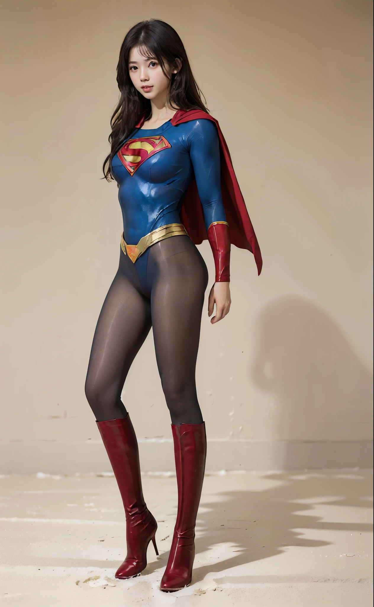 No background、(((Beautiful legs in black tights.)))、(((Legally express the beauty of your smile)))、((((Make the most of your original images)))、(((Body-fitting Supergirl costume)))、(((Supergirl Costume)))、(((Beautiful Hair)))、(((suffering)))、(((Please wear black tights....、Wear red boots)))、((Best image quality、8k))、((highest quality、8k、masterpiece:1.3))、(((Preserve background )))、Sharp focus:1.2、Beautiful woman with perfect figure:1.4、Slim Abs:1.2、Wet body:1.5、Highly detailed face and skin texture、8k