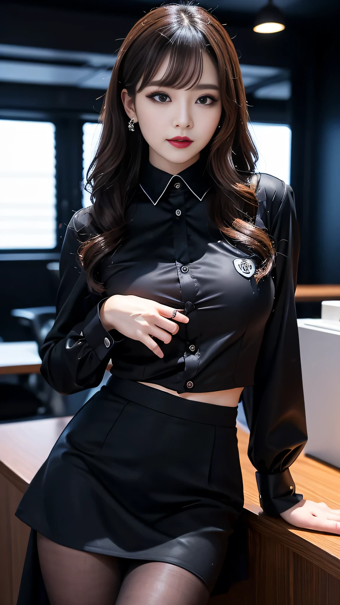 best quality、ultra-detailed、4k、Japanese、Seductive beauty、seductive adult woman、Pretty Woman、cool girl、Villainess、Brainwashed、brainwash、Fallen into evil、smirk、Evil look、Wicked Smile、evil、Brown hair、wavy hair、swept bangs、dark makeup、dark makeup、piercing eyes、hollow eyes,half-closed eyes、Hollow Eyes、purple Eyeshadow、black lipstick、black lipglos、office staff suit、suit、Jacket、Black sleeves、White Shirt、Black Ribbon、Tight Skirt、pantyhose、night、inside darkroom、Are standing、shoot from below、Have lipstick、Emblem of Evil、Crest of Darkness、Swear allegiance、I have pledged my allegiance、Dye black、Blackening、Stained with evil、Dyed in darkness、Seduce
