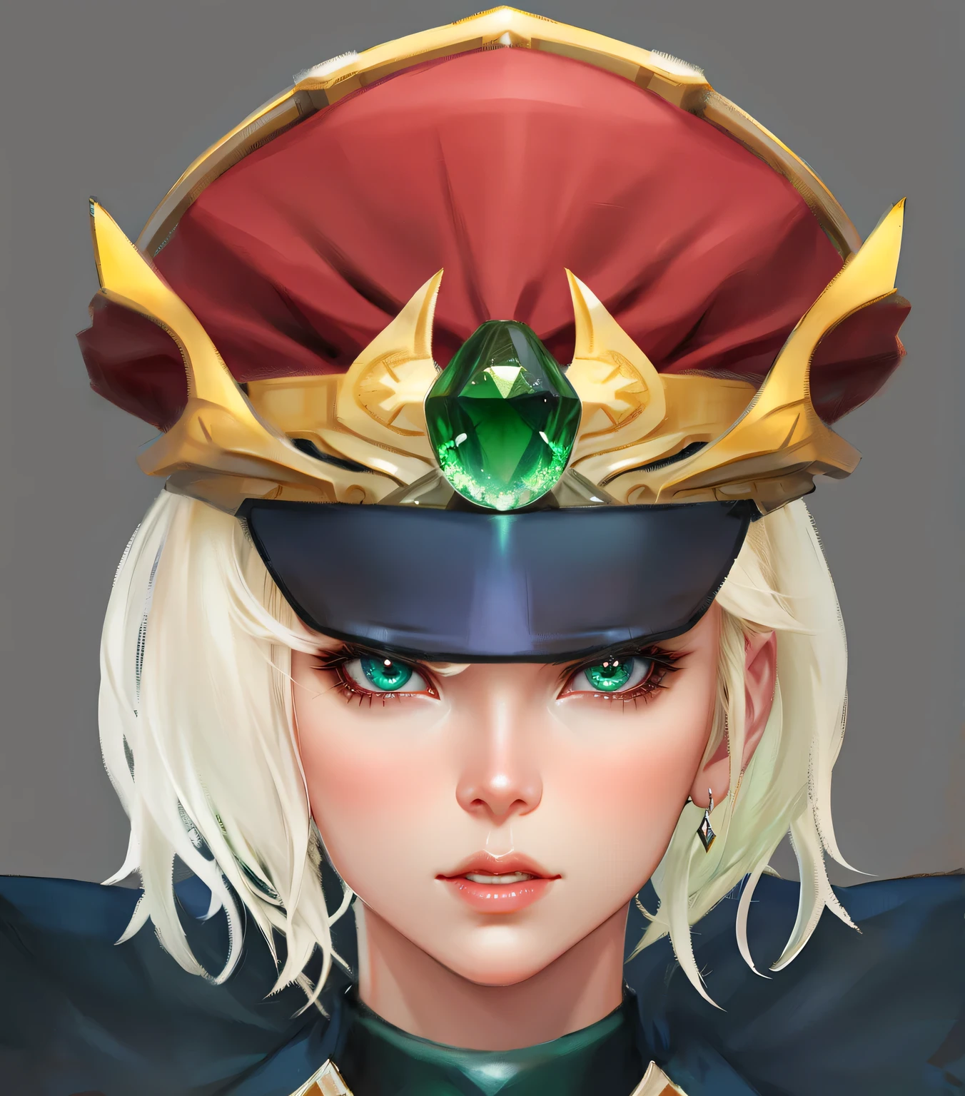 Anime style image of a lady with a hat and green gemstone, Close-up characters, 2D concept art head macro shot, Character Close-up, Character Close-up, Character Art Close-up, Produced in collaboration with Anime Painter Studio, Portrait close-up, kushatkrentz women in critical art, Close-up charactersPortrait, Character art, Qatar, In the anime painter studio，3DCharacter art，Ashe，2。5 D CGI Anime Fantasy Artwork，CGScosiety，Close-up characters，As seen on the Art Station