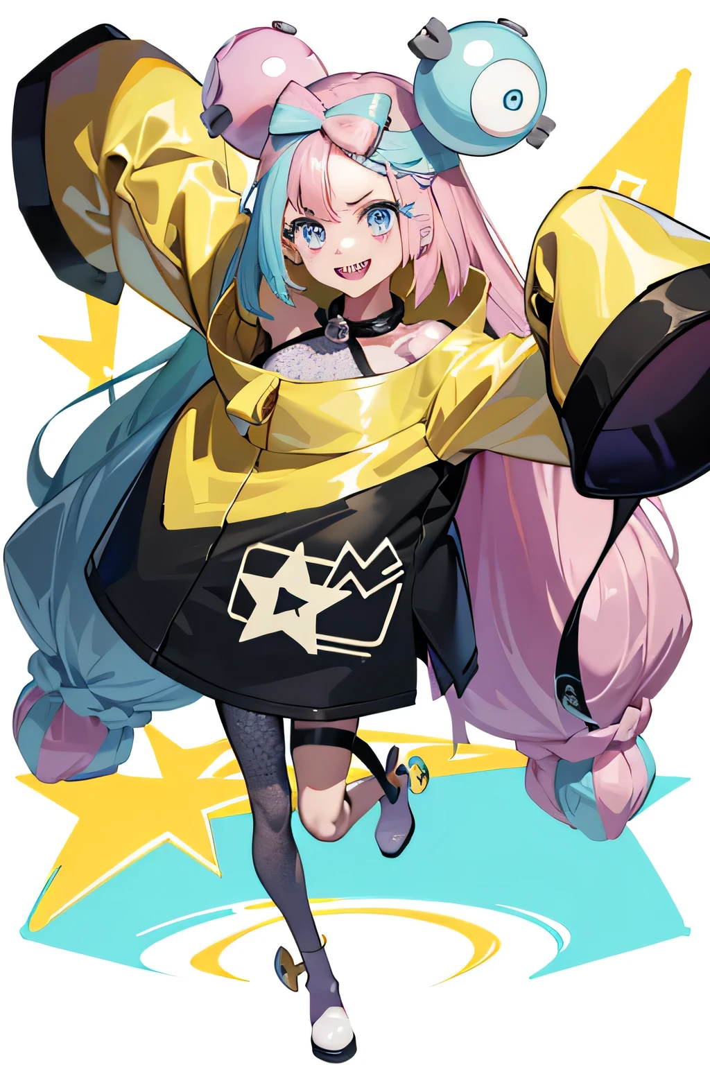 Highest quality、masterpiece、Anime Style、Pink hair and blue eyes、Yellow Jacket、Raise your right hand、Lower your left hand、Stand with only your right foot、Lift your left leg。Sharp teeth、smile、White background