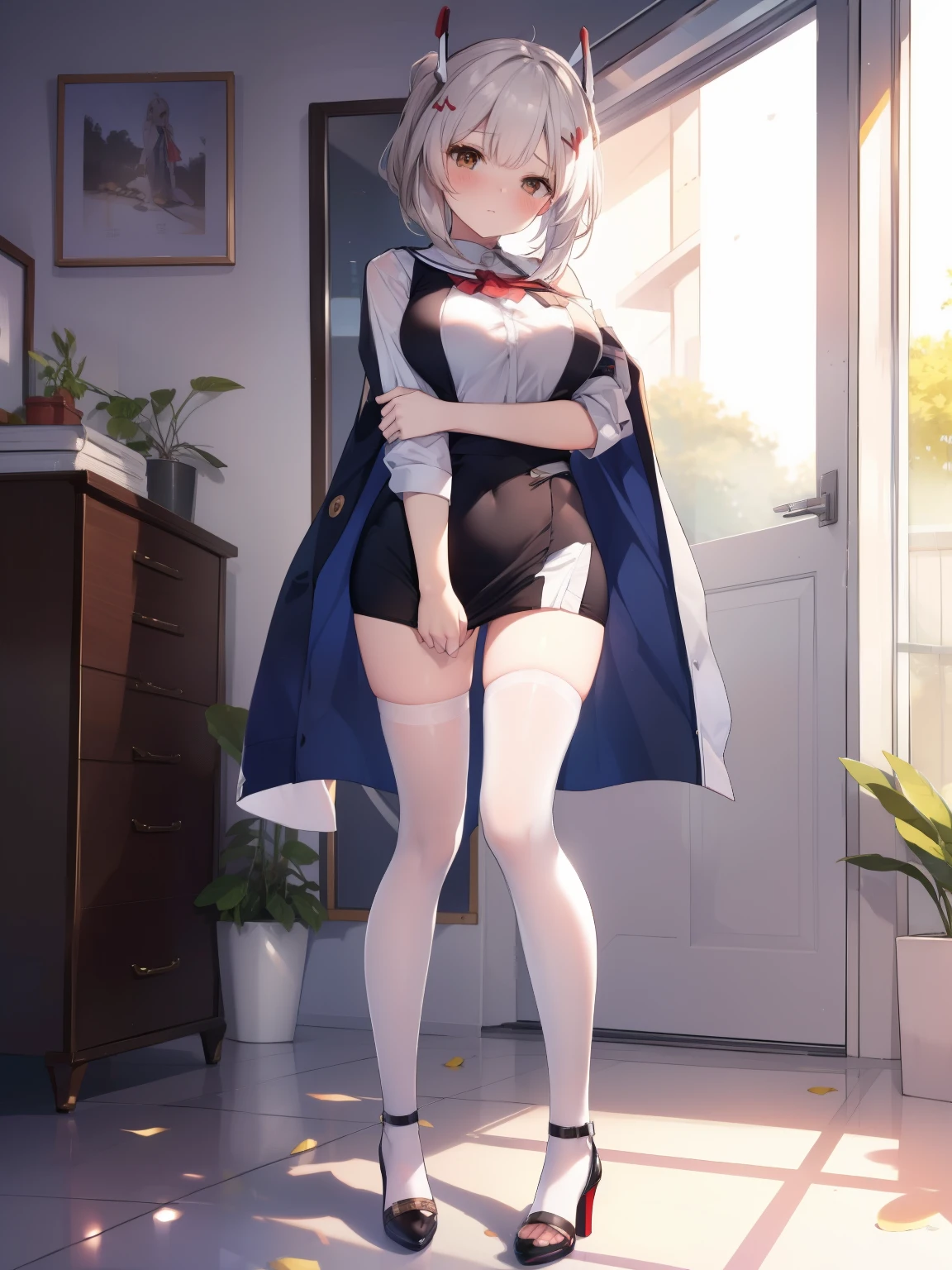 highest quality, Flying debris、Azur Lane Ayanami、Beautiful woman、officeレディー、Black Hair、(Brown eyes、Big Breasts)、short hair、チェック柄のダークブルーのofficeスーツ)、new employee,Full Body Shot、Female office lady、break(Dark blue checked vest、White dress shirt、Navy blue mini tight pencil skirt:1.2)、(Black knee-high、Absolute area、High heels)、break(office:1.3)、Cleavage、Unbutton your shirt、blush、Embarrassed、Troubled face、The skirt is torn、Standing posture