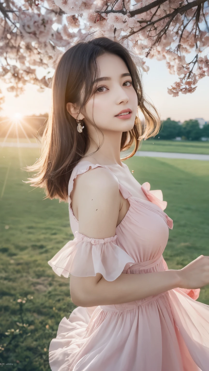 (logo、masterpiece、8k、table top、RAW photo、wonderful、最high quality、Photorealistic and very detailed CG synthesis 8k wallpaper、high quality、very detailed、Narrative poem、particle effects、dynamic effects、written boundary depth、cinematic light、Lens flare、ray tracing)、fantasy、 (1 beautiful woman、dress、White dress、one piece、black haired、beautiful face、real face、beautiful details eyes beautiful skin)、My hair dances in the wind、Hair flutters in Wind、hair jump、pink cherry tree、petals dance、SakuraFubuki、Wonderful views、sunrise、sun on background、Wind