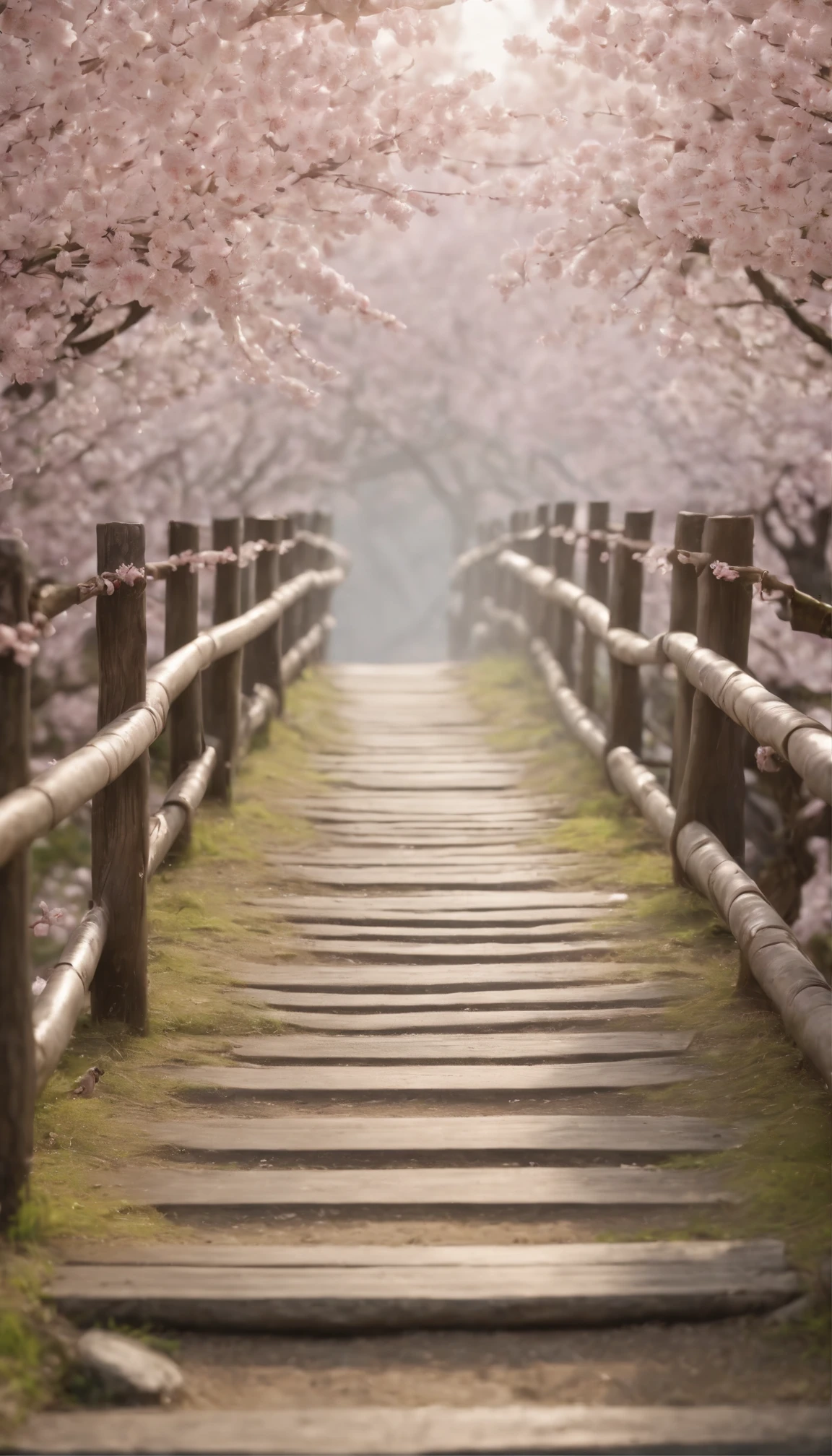 Highly detailed CG Unity 8K wallpapers displayed in realistic quality。Acclaimed Artists、Handcrafted by Guido Daniele。Trimmed with traditional lace、A woman in a kimono decorated with a garland、It depicts walking across a wooden bridge over a wet stone-brick road.。She is wearing two-toed socks and clogs.、Adds authenticity。Cherry blossom petals falling on the cherry blossom crest in a serene landscape、It creates a tranquil and picturesque atmosphere。