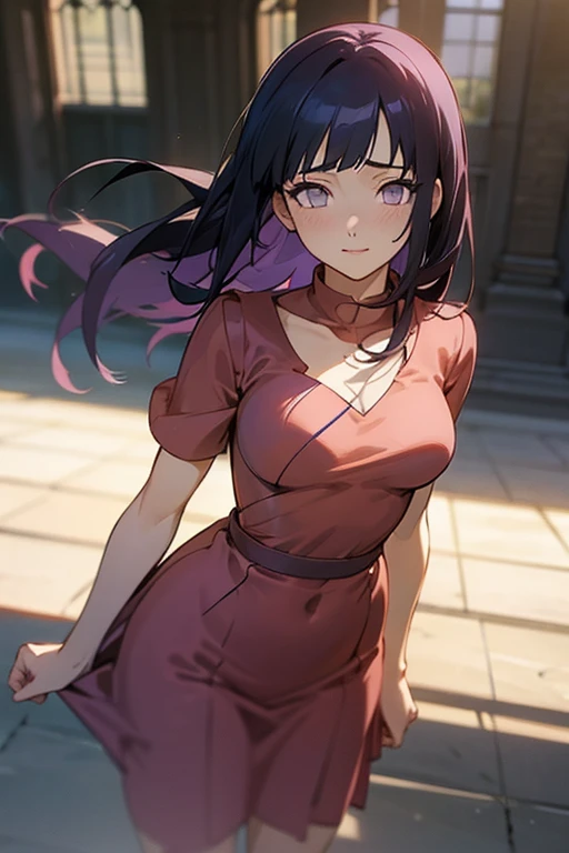 anime girl in a red bridesmaid dress standing in front of a building, hinata hyuga, hinata hyuga from naruto, purple haired girl wearing red bridesmaid dress, smooth anime cg art, anime visual of a cute girl, realistic anime 3 d style, kotegawa yui, nico robin, anime moe artstyle, marin kitagawa fanart, realistic anime artstyle