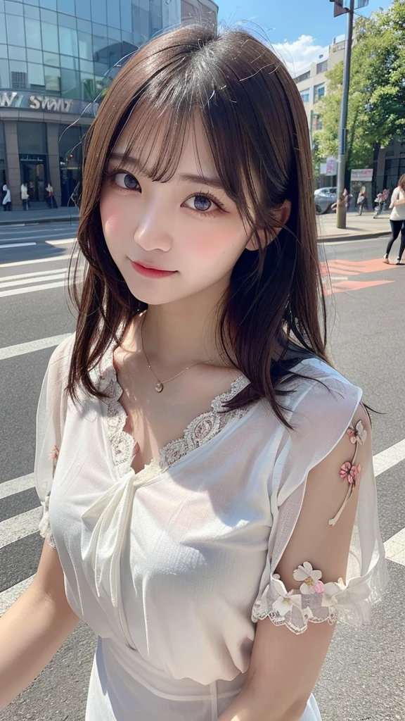 In detail, High resolution, high quality、Perfect dynamic composition, Beautiful details, Medium Hair、beauty、Natural color lip,blue sky、noon、Shibuya Scramble Crossing、20-year-old girl、1 person、Beautiful Skin、Shiny Hair、 最high quality, shape, Very detailed, In detail, High resolution, 8k、The correct state of the human body、Cute pose,Disheveled Hair,Beautiful legs,Perfect beautiful face,Big Breasts、H-Cup Bust、((((Loose fitting blouse、Floral lace V-neck blouse))))、necklace、smile、Slender body、Protruding chest、Soft Bust、自然なBig Breasts、Big eyes、Big black eyes、Clear Eyes、Big eyes、Large tear bags、Long eyelashes、Looking into the camera、Thick eyebrows Askara、eye shadow、eyeliner、((((The spotlight is only on the girl、The spotlight hits my chest、Reflection in direct sunlight))))、Big Breasts、Knee-high