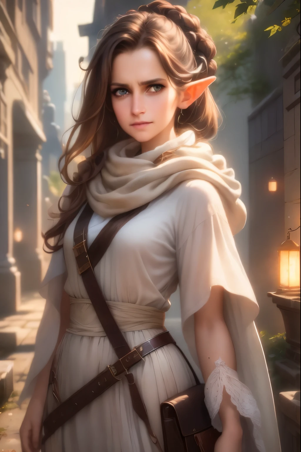best quality, (wide shot), CGSsociety, 8K, ultra-realistic, masterpiece,  dark elf, brown hair,  white clothes, black scarf, looking up, upper body, lock of hair, straight and loose hair