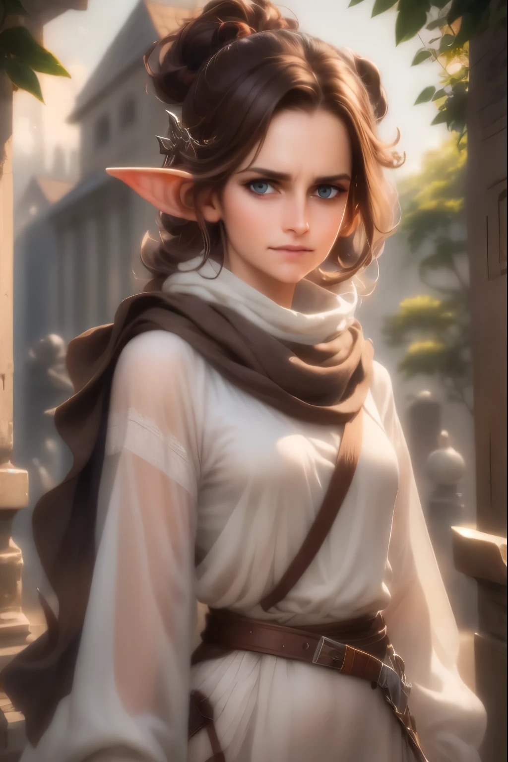 best quality, (wide shot), CGSsociety, 8K, ultra-realistic, masterpiece, dark elf, brown hair, white clothes, black scarf, looking up, upper body, lock of hair, straight and loose hair