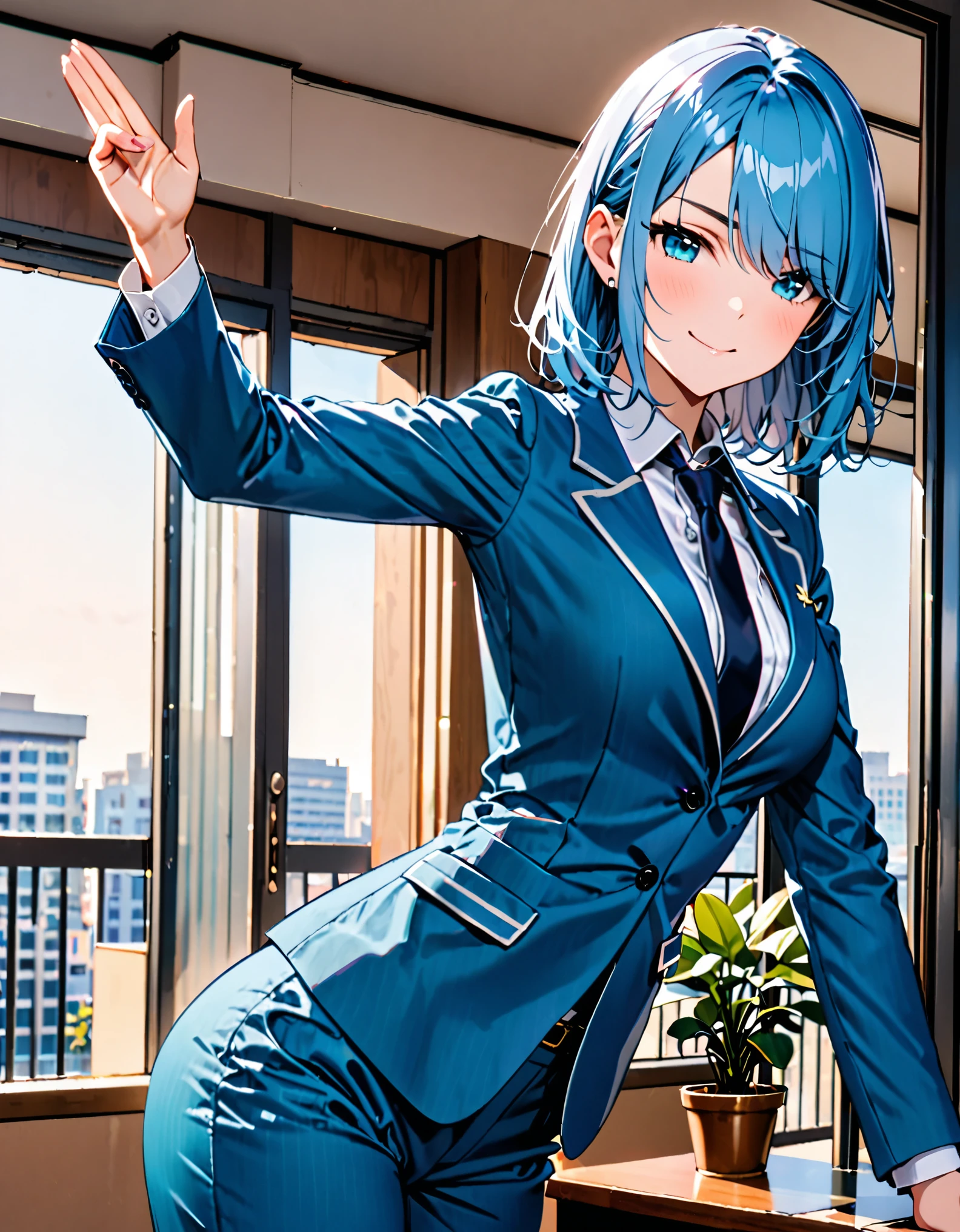 best quality, masterpiece, 1lady, incredibly absurdres, extremely detailed, delicate texture, 1girl, solo, solo focus, intelligent beauty, medium hair, medium hair, (armpit-length hair, blue hair), aquamarine eyes, hair over one eye, wearing blue suit and tie, long sleeves, pants, playful, cute smile, closed mouth, outside office balcony