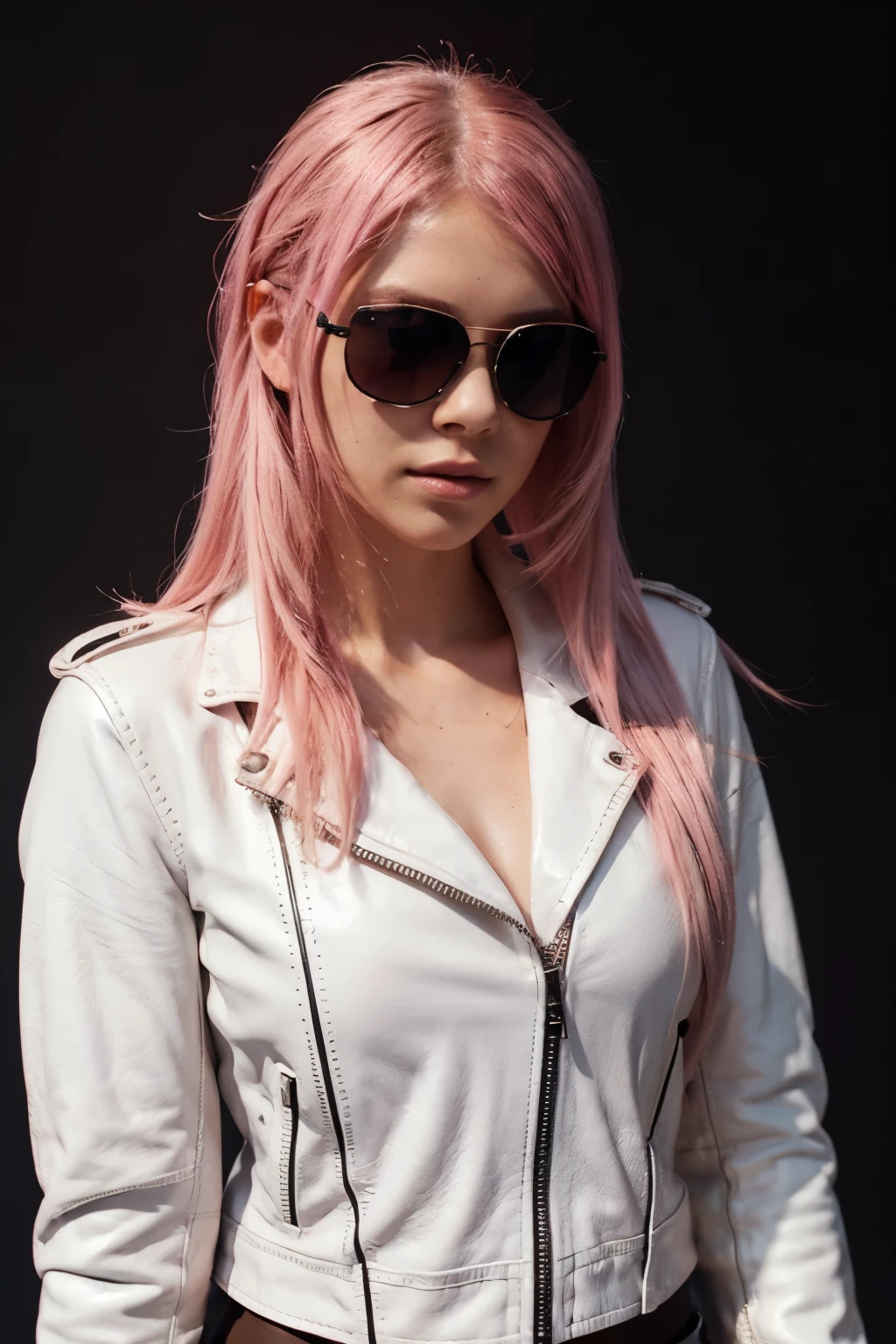 European girl with tint sunglasses Pink hair, in a photo shouting room, attractive lips, stunningly beautiful woman, posing like a professional model, feminine form, stunningly gorgeous, flirty and playful, film photography, extreme detail, 4k, ultra hd hyperrealism, trending on artstation, polished, photorealistic, backlight, hair light, 8k ultra hd. 23 years oldPerfect body , Full body clothed view, Tall ,detailed skin, skin texture), t-shirt white and ((leather jacket)) ,casual , pastel dark pink very long hair, pink twintail hair , , ((( black background))), (detailed skin, skin texture) ,Highest-quality , High Detailed photo ,((tint sunglasses))