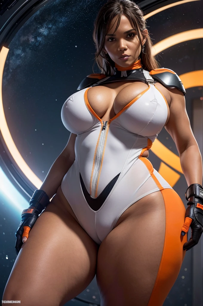 (8K RAW Photo Highest quality) Halle Berry com um corpo perfeito, rosto e olhos super finos, cabelos compridos, Modern gloves, Modern combatent, Tight spacesuit White and Orange, peito grande e seios, Expor clivagem, corpo inteiro , Estendendo as pernas, bumbum grande, Interstellar space background, (Thick thighs:1.3), (huge breasts:1.3)