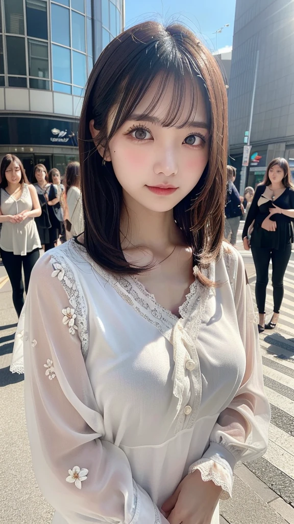In detail, High resolution, high quality、Perfect dynamic composition, Beautiful details, Medium Hair、beauty、Natural color lip,blue sky、noon、Shibuya Scramble Crossing、20-year-old girl、1 person、Beautiful Skin、Shiny Hair、 最high quality, shape, Very detailed, In detail, High resolution, 8k、The correct state of the human body、Cute pose,Disheveled Hair,Beautiful legs,Perfect beautiful face,Big Breasts、H-Cup Bust、((((Loose fitting blouse、Floral lace V-neck blouse))))、necklace、smile、Slender body、Protruding chest、Soft Bust、Natural Big Breasts、Big eyes、Big black eyes、Clear Eyes、Big eyes、Large tear bags、Long eyelashes、Looking into the camera、Thick eyebrows Askara、eye shadow、eyeliner、((((The spotlight is only on the girl、The spotlight hits my chest、Reflection in direct sunlight))))、Big Breasts、Knee-high