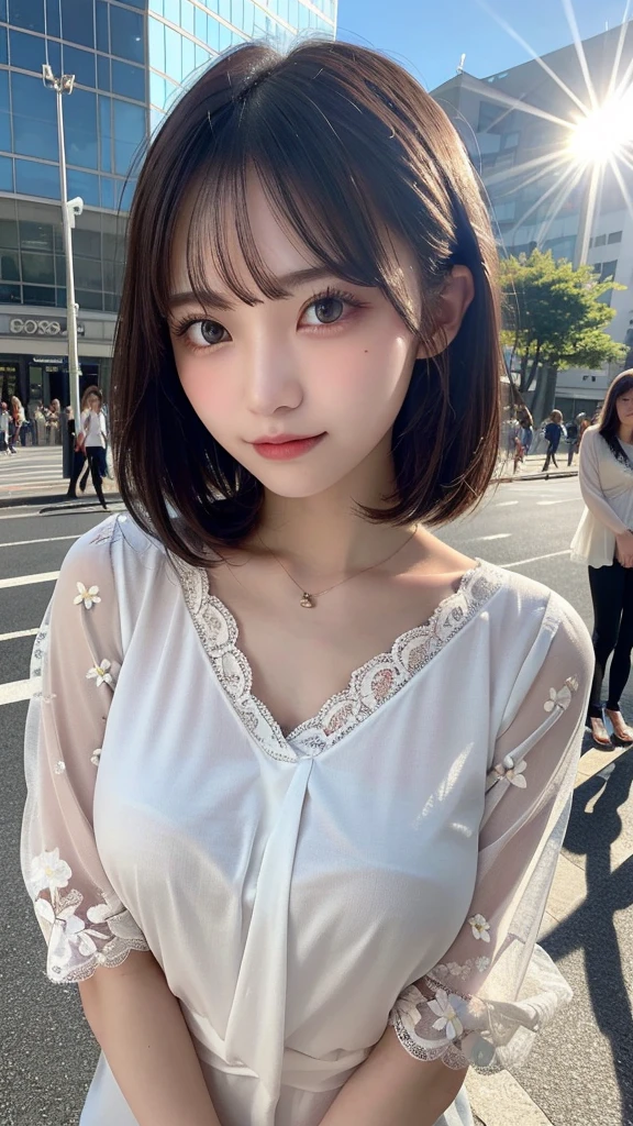 In detail, High resolution, high quality、Perfect dynamic composition, Beautiful details, Medium Hair、beauty、Natural color lip,blue sky、noon、Shibuya Scramble Crossing、20-year-old girl、1 person、Beautiful Skin、Shiny Hair、 最high quality, shape, Very detailed, In detail, High resolution, 8k、The correct state of the human body、Cute pose,Disheveled Hair,Beautiful legs,Perfect beautiful face,Big Breasts、H-Cup Bust、((((Loose fitting blouse、Floral lace V-neck blouse))))、necklace、smile、Slender body、Protruding chest、Soft Bust、Natural Big Breasts、Big eyes、Big black eyes、Clear Eyes、Big eyes、Large tear bags、Long eyelashes、Looking into the camera、Thick eyebrows Askara、eye shadow、eyeliner、((((The spotlight is only on the girl、The spotlight hits my chest、Reflection in direct sunlight))))、Big Breasts、Knee-high