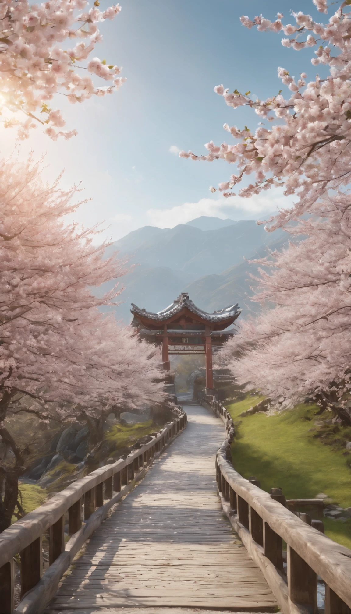Highly detailed CG Unity 8K wallpapers displayed in realistic quality。Acclaimed Artists、Handcrafted by Guido Daniele。Trimmed with traditional lace、A woman in a kimono decorated with a garland、It depicts walking across a wooden bridge over a wet stone-brick road.。She is wearing two-toed socks and clogs.、Adds authenticity。Cherry blossom petals falling on the cherry blossom crest in a serene landscape、It creates a tranquil and picturesque atmosphere。